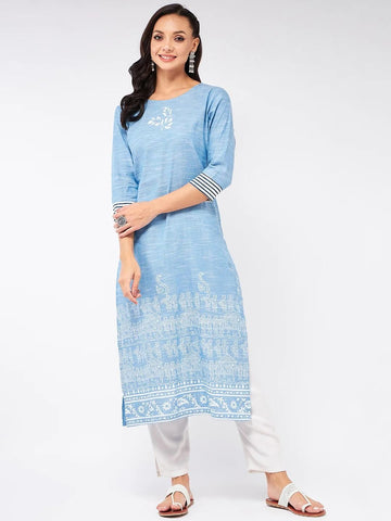 PANNKH Madhubani Block Printed Chambray Blue Kurta