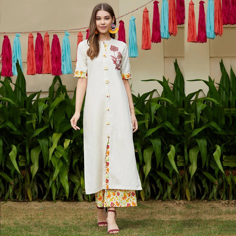 PANNKH Embroidered Beige Kurta With Palazzo Set