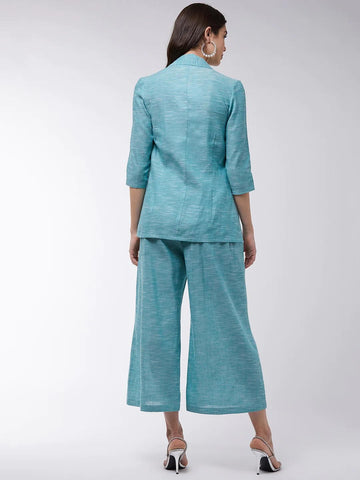 PANNKH Green Chambray Long Blazer And Pant Set