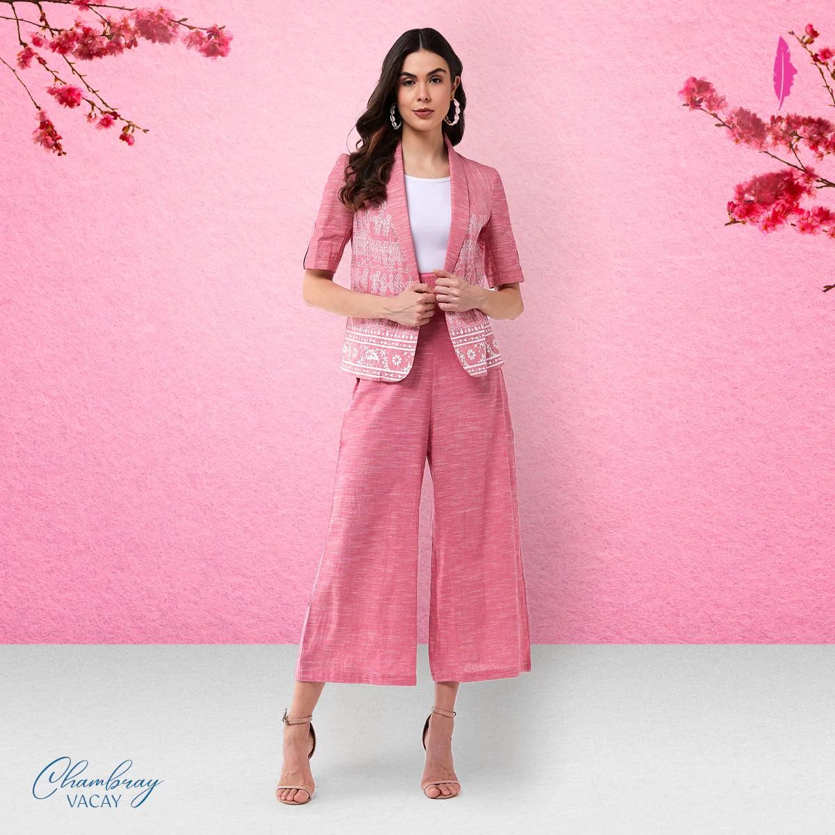 PANNKH Pink Chambray Printed Blazer With High Waist Pant Set