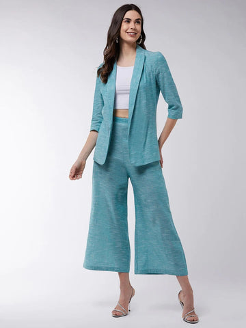 PANNKH Green Chambray Long Blazer And Pant Set