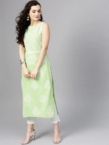 PANNKH Green Sleeveless Printed Chambray Kurta