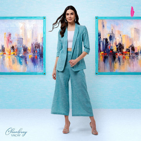 PANNKH Green Chambray Long Blazer And Pant Set